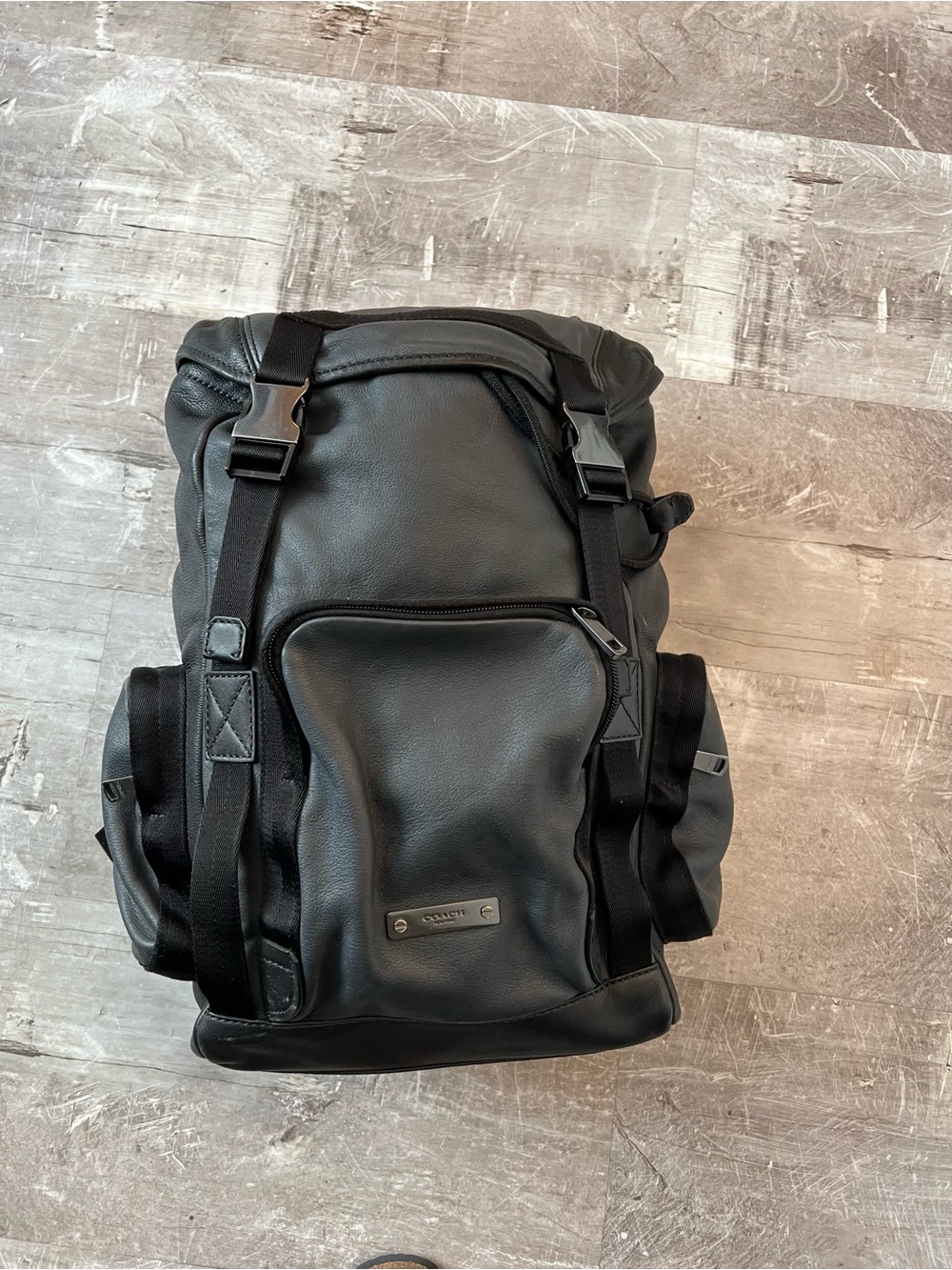 Coach Black Leather Men’s Backpack with Front Pocket